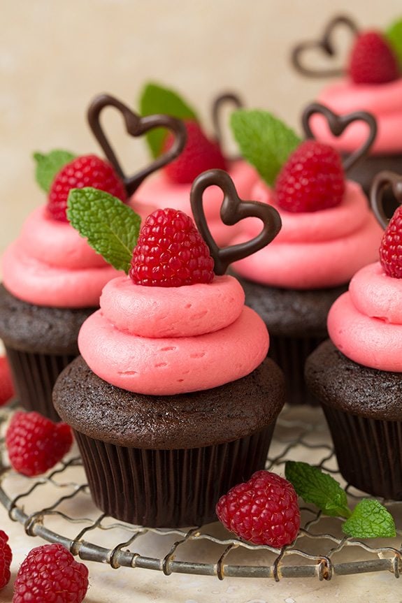 Dark Chocolate Cupcakes with Raspberry Buttercream Frosting