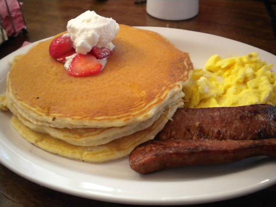 Scrambled Eggs Pancakes and Sausage