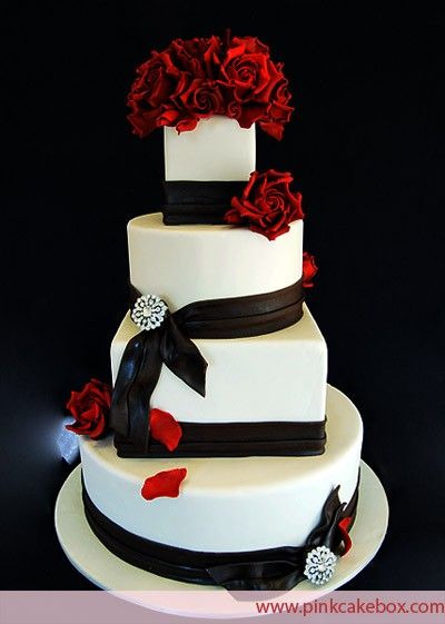 Square Wedding Cake Red Black and White