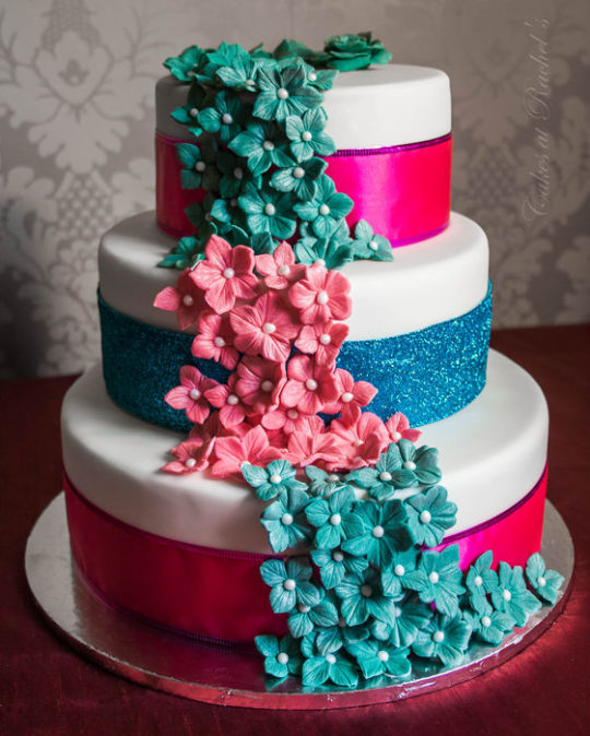 Three Tier Turquoise Cake with Flowers