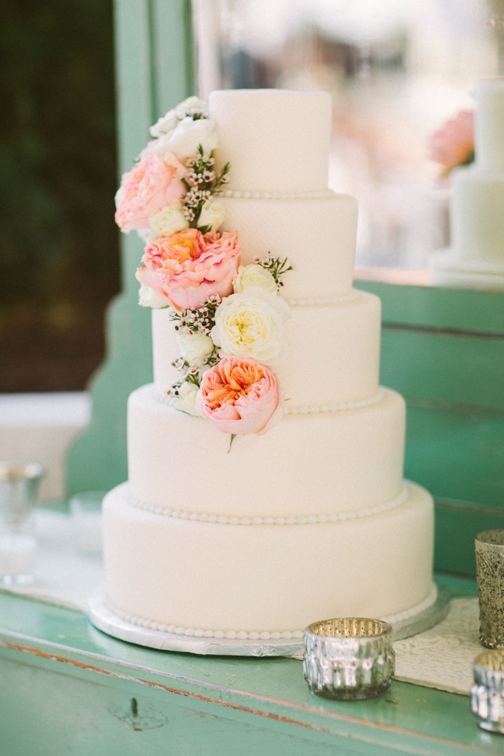 White Flower Wedding Cake with Peach