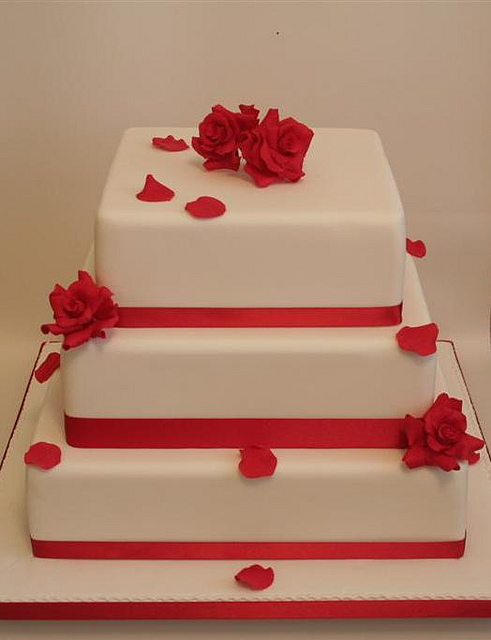 Square Wedding Cake with Red Roses