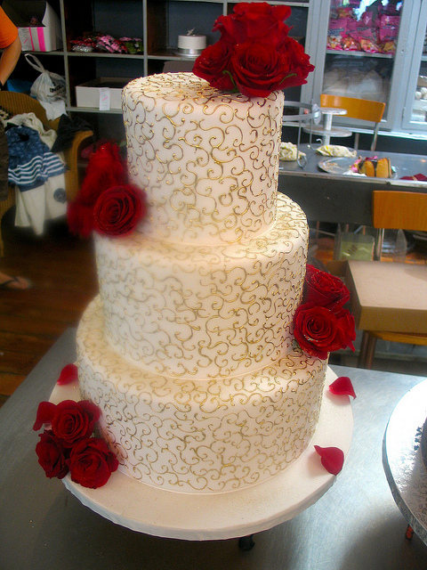 3 Tier Wedding Cake with Red and Gold