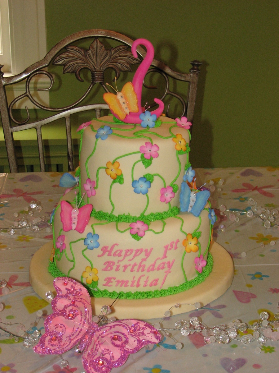 Birthday Cake with Flowers and Butterflies