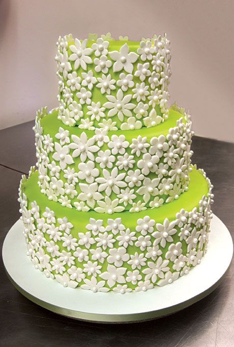 Green White Wedding Cake with Flowers