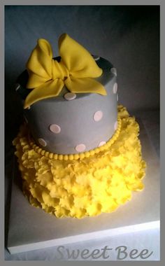 Gray and Yellow Polka Dot Baby Shower Cake