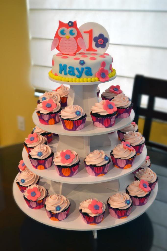 Owl First Birthday Cupcake Tower