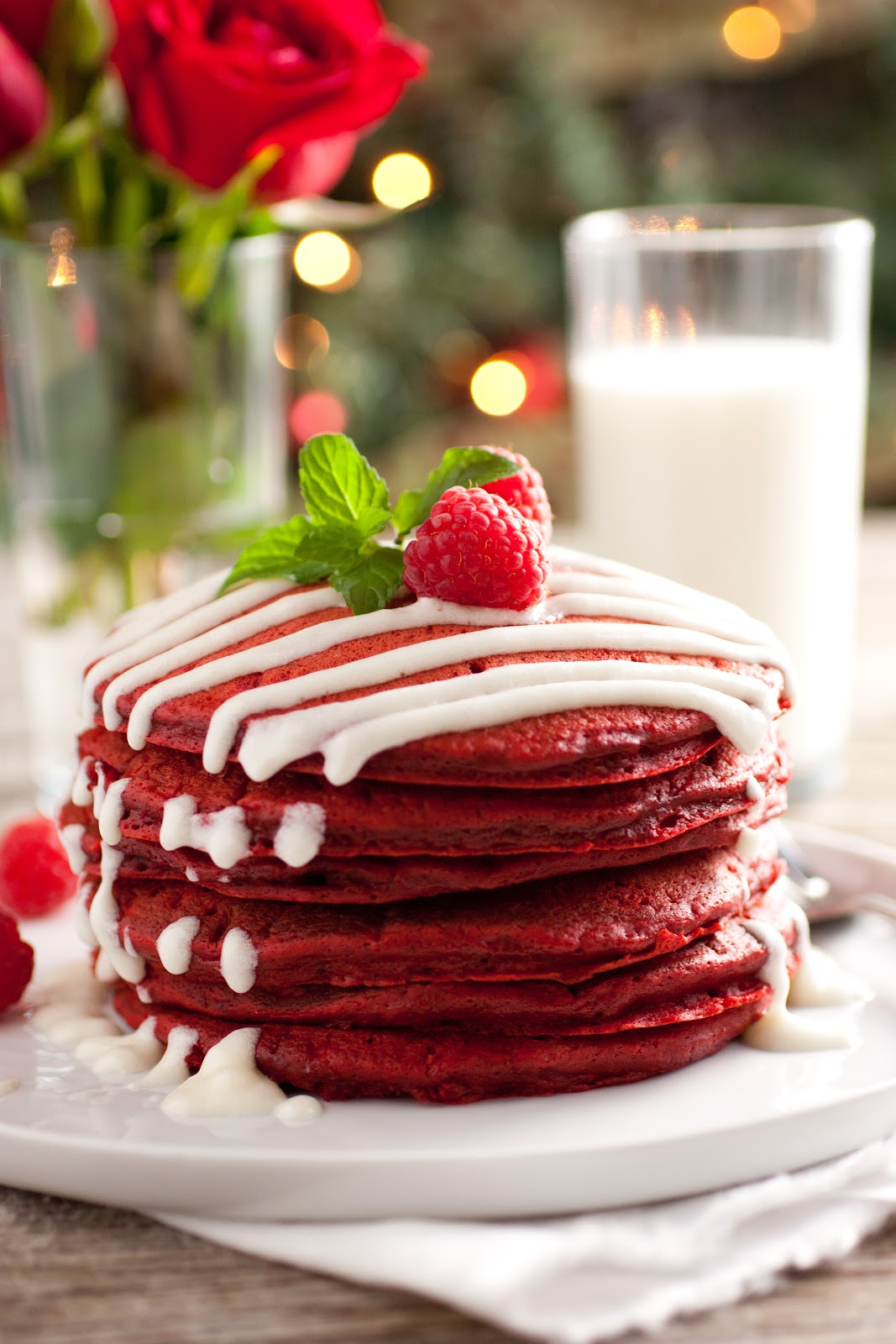 Red Velvet Pancakes with Cream Cheese Glaze