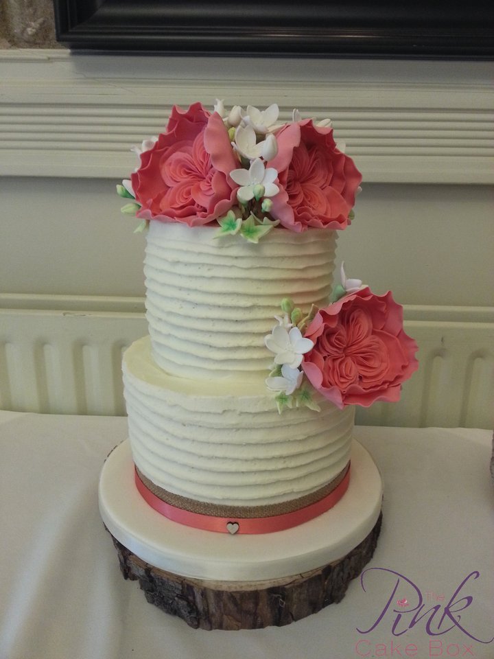 Rustic Wedding Cake with Coral Flowers