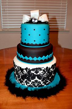 Teal Black and White Birthday Cake