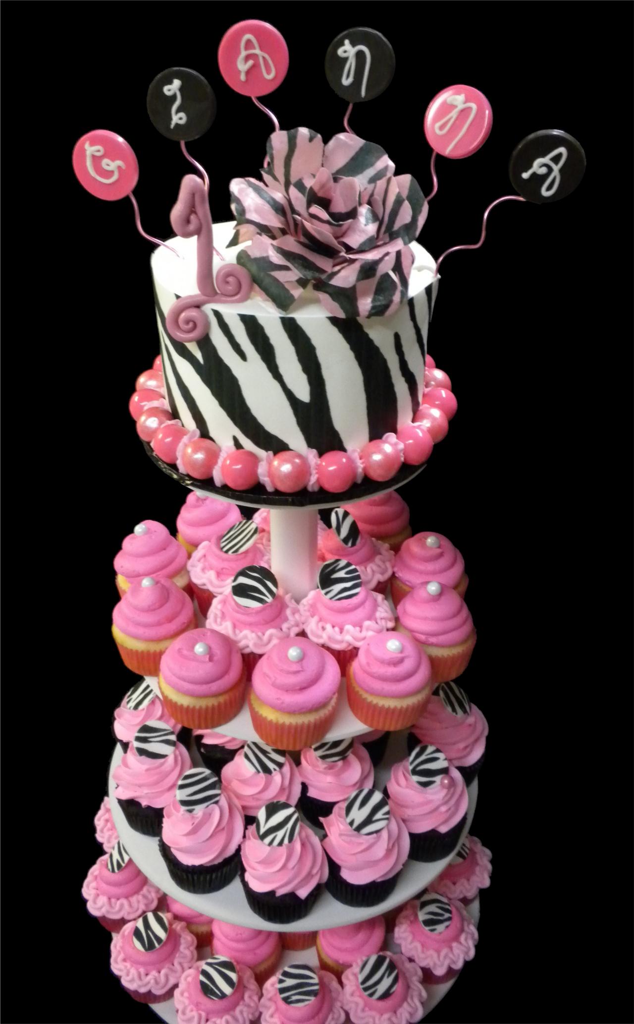 Pink Zebra Birthday Cake and Cupcakes