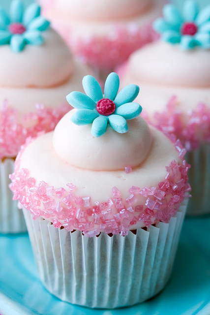 Blue and Pink Flower Cupcakes