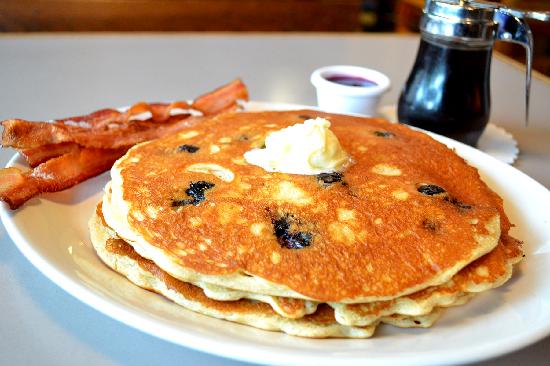 Blueberry Pancakes Bacon and Eggs