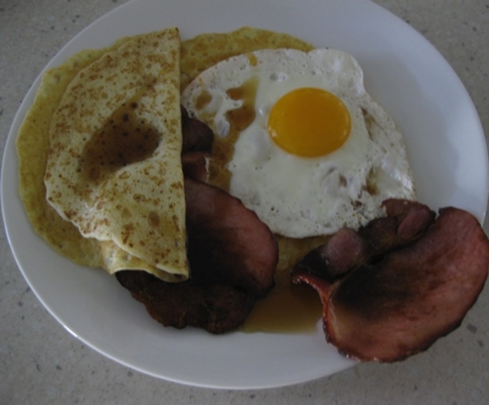 Breakfast Pancake Eggs and Bacon