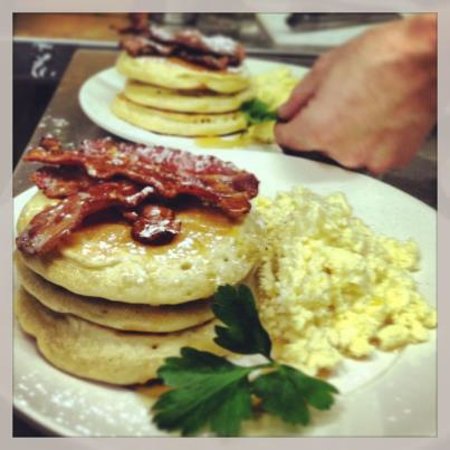 Pancakes and Scrambled Eggs with Bacon