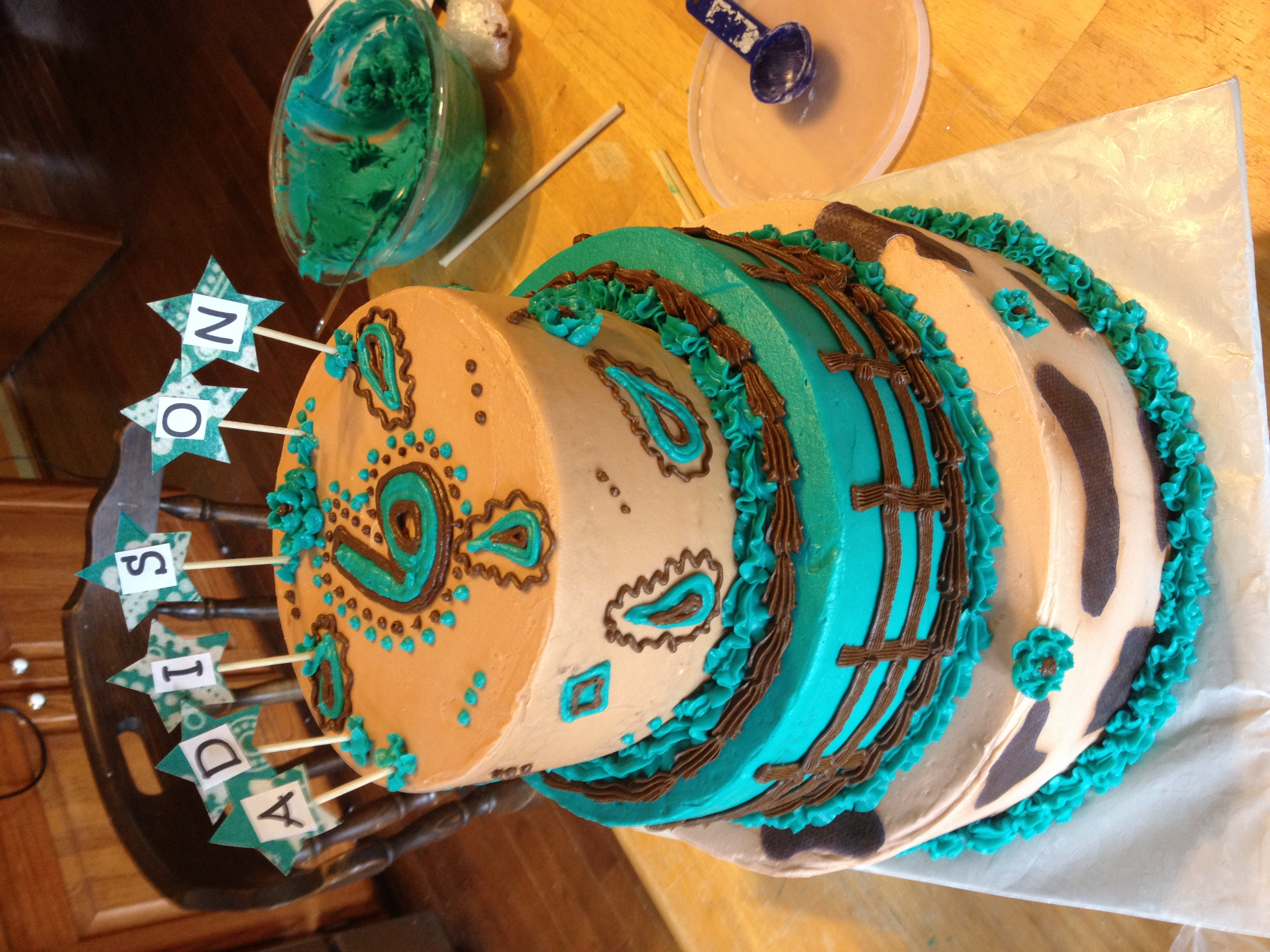 Turquoise and Brown Birthday Cake