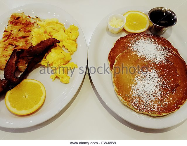 Pancakes Eggs and Bacon Orange Juice