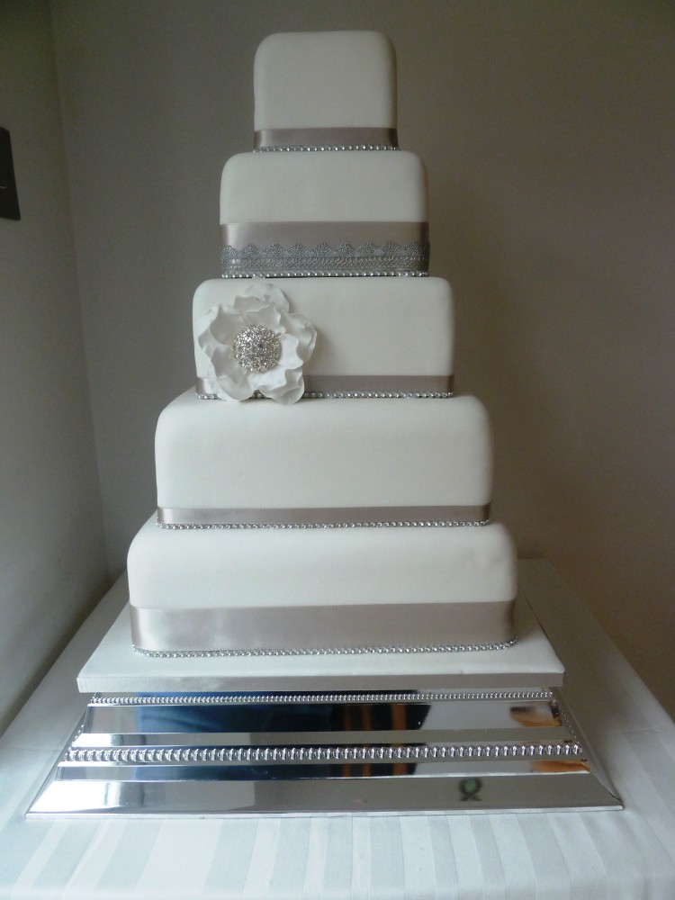 Silver White Wedding Cake with Ribbon