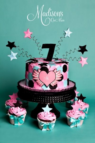 Turquoise Pink and Black Birthday Cake