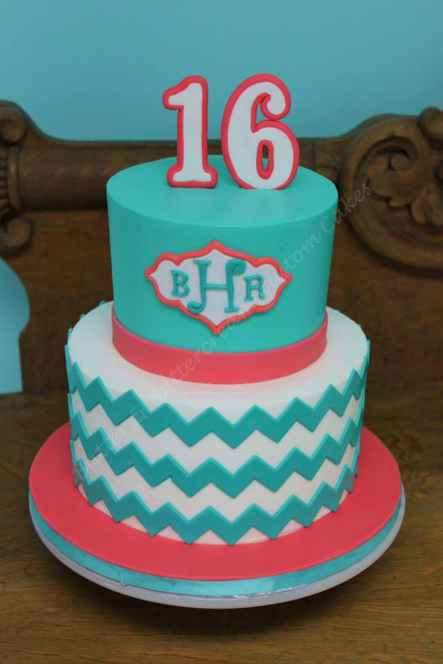 Coral and Teal Chevron Birthday Cake