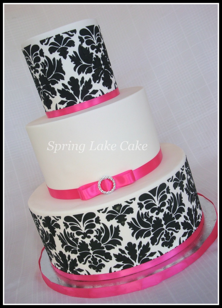 Pink and Black Damask Birthday Cake