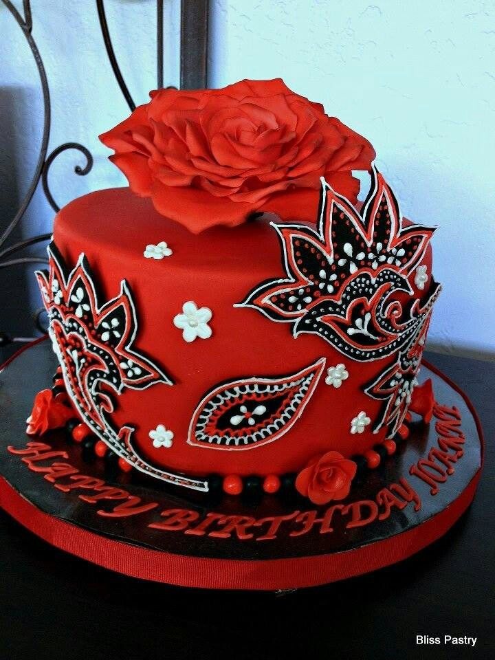 Red and Black Paisley Print Cake