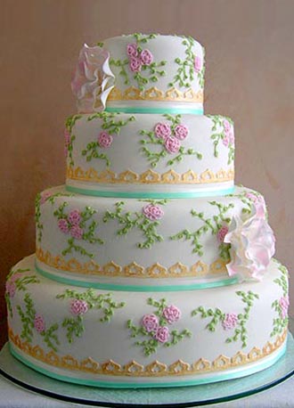 Wedding Cake with Ribbon and Roses