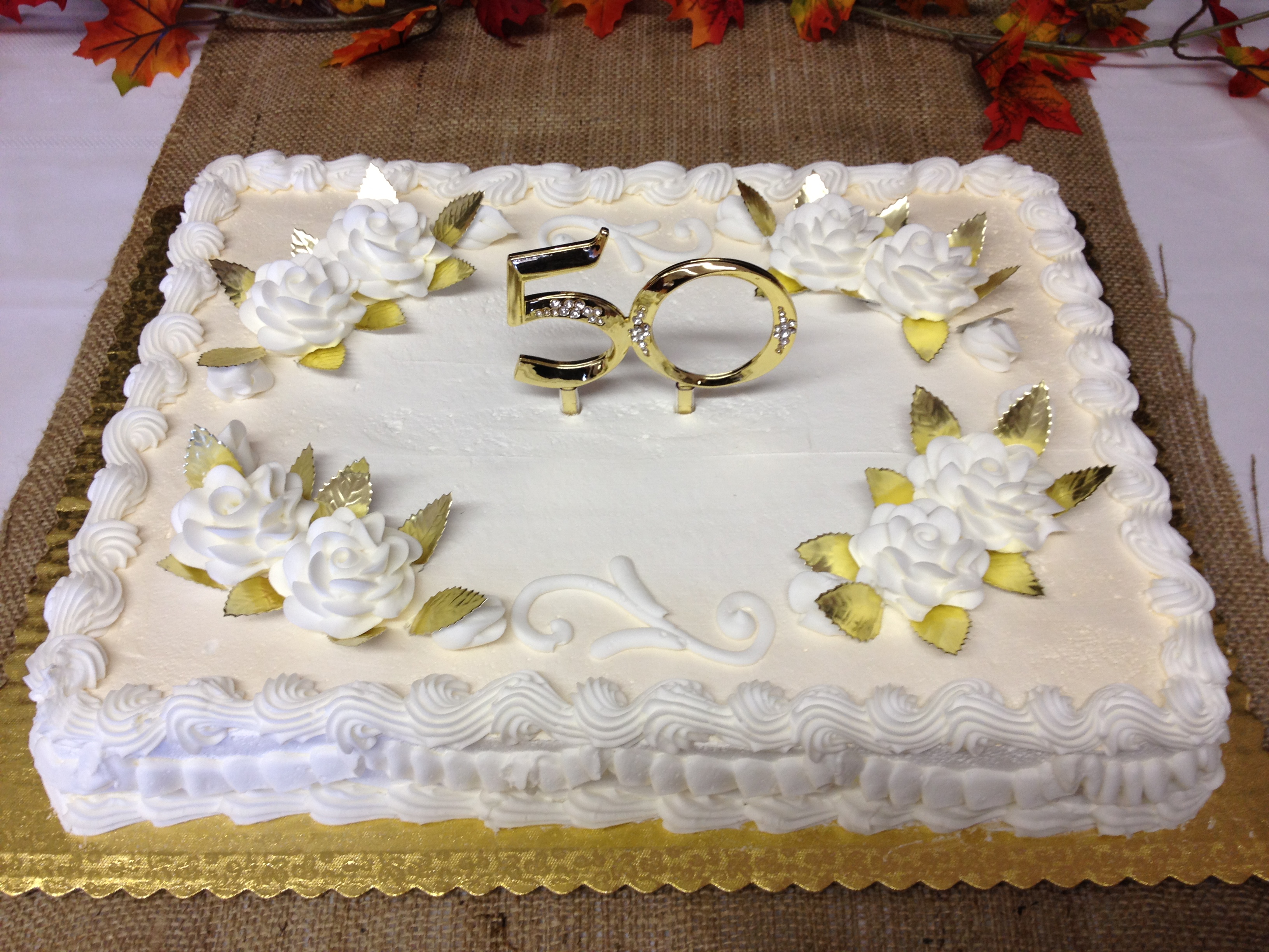 White and Gold Anniversary Sheet Cake