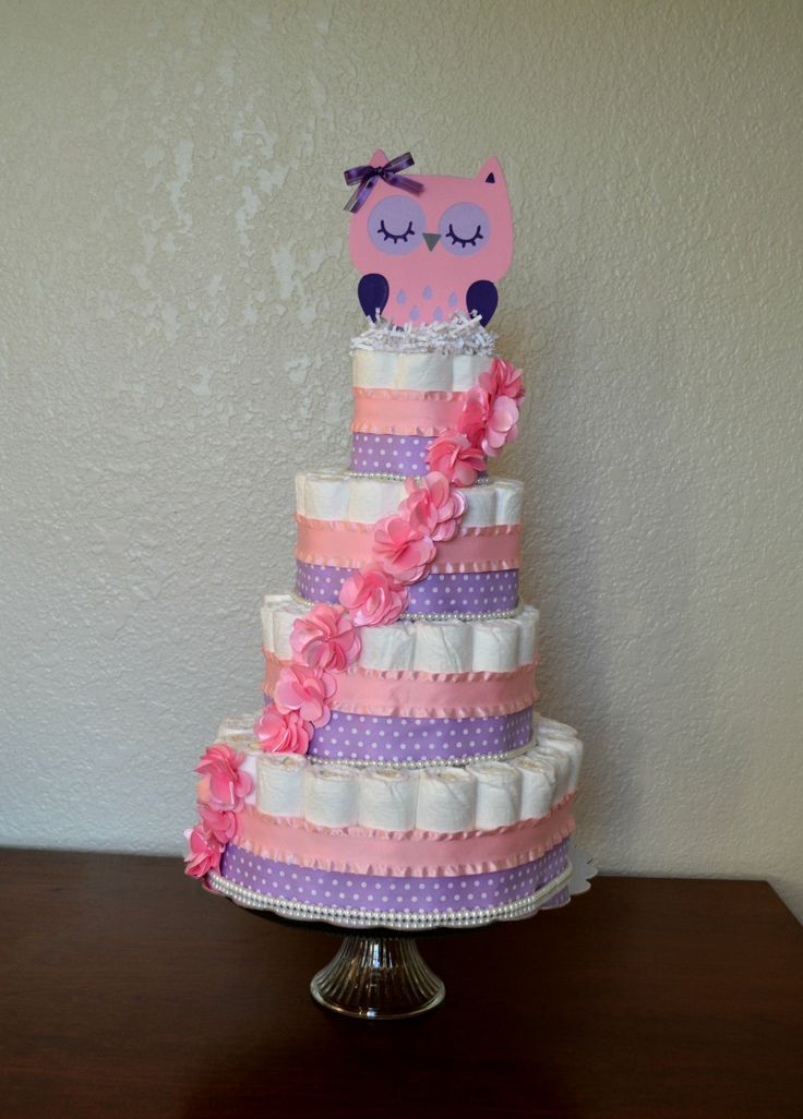 Purple and Pink Owl Diaper Cake