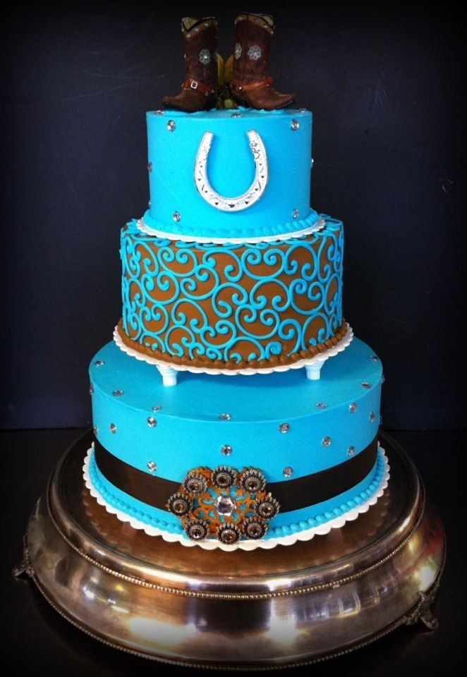 Teal and Brown Western Wedding Cake