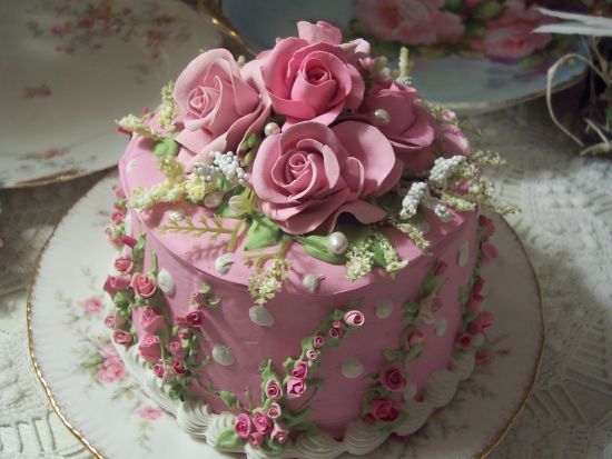 Cake Decorated with Pink Roses