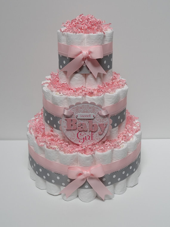 Pink and Gray Baby Shower Diaper Cake