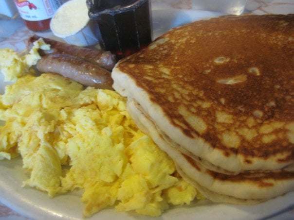 Pancakes and Scrambled Eggs with Sausage