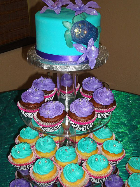 8 Photos of Teal And Lavendar Birthday Cake And Cupcakes