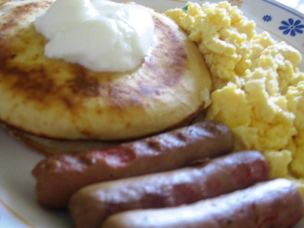 Scrambled Eggs Pancakes and Sausage