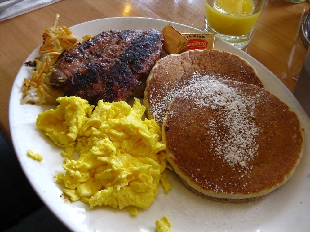 Scrambled Eggs Pancakes and Sausage