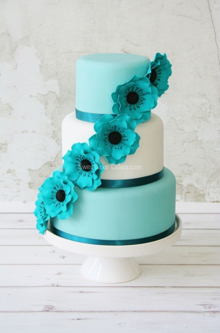 White and Teal Wedding Cake