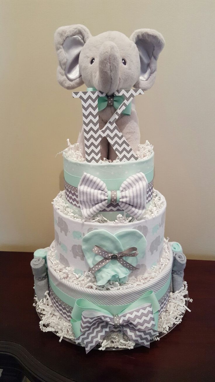 Blue and Gray Elephant Baby Shower Diaper Cake