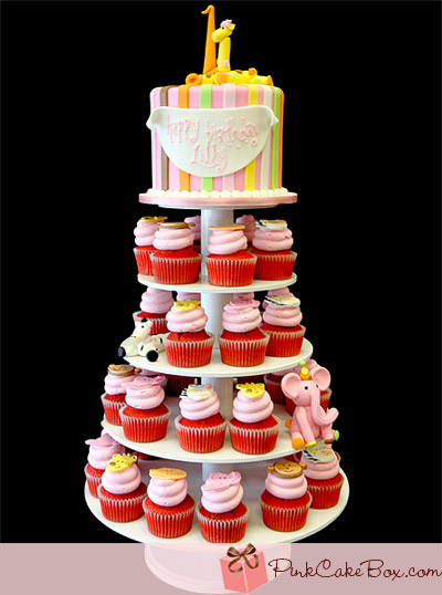 First Birthday Cake and Cupcakes Tower