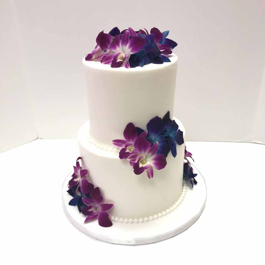 White with Purple Orchids Wedding Cake