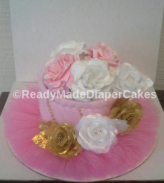 Gold and Pink Baby Shower Diaper Cake