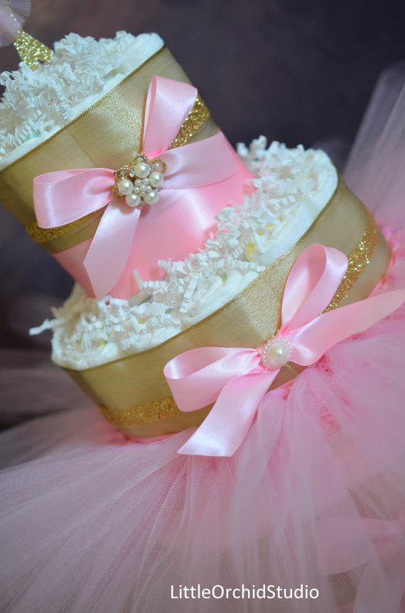 Gold and Pink Princess Baby Shower Diaper Cake