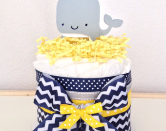 Navy Blue and Yellow Baby Whale Diaper Cake