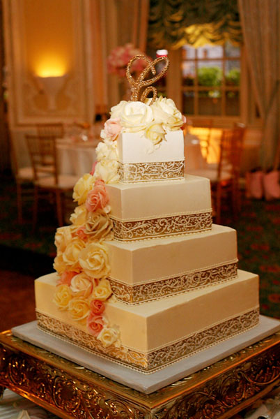 Coral and Gold Square Wedding Cakes