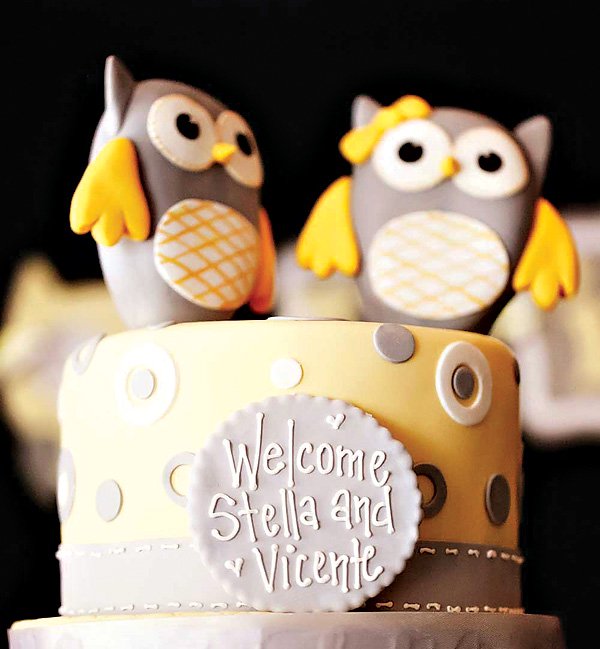 Gray Yellow Owl Baby Shower Cake