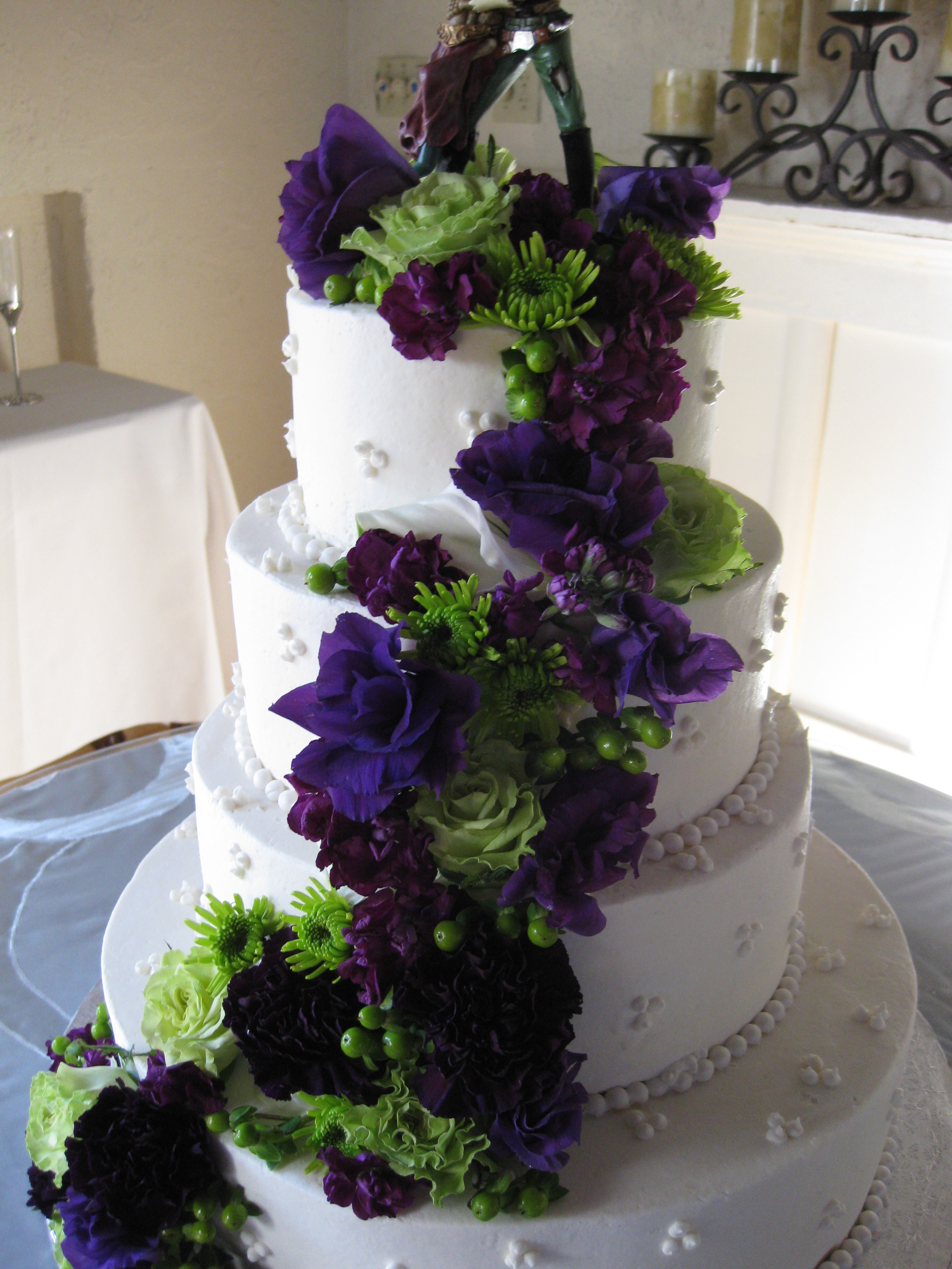 Green and Purple Wedding Cake with Flowers