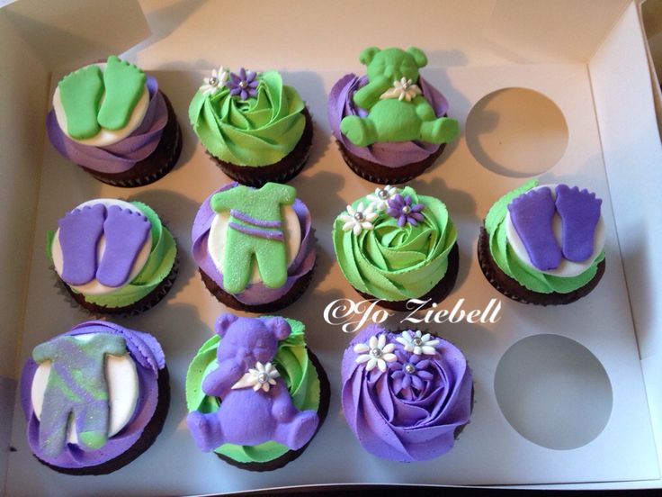 Purple and Green Baby Shower Cupcakes