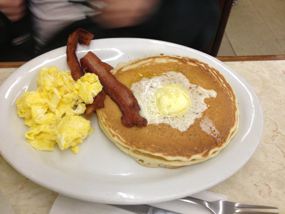 Scrambled Eggs Pancakes and Bacon