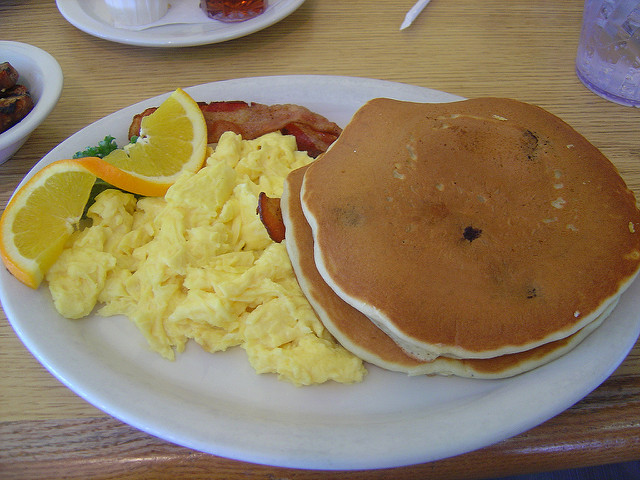 Scrambled Eggs Pancakes and Bacon