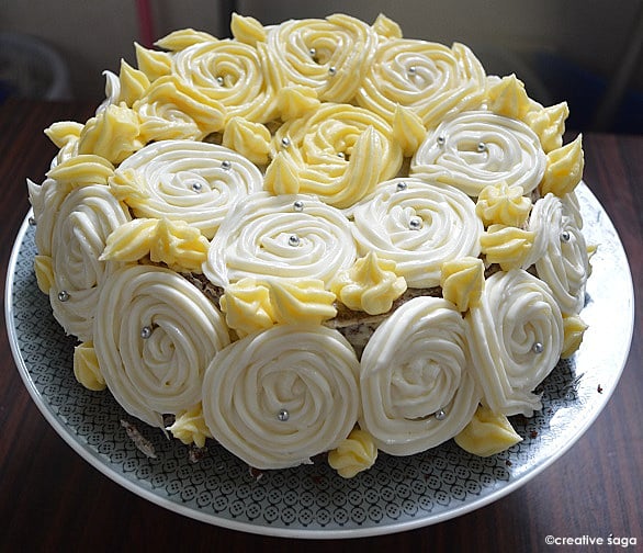 White Rose Cake with Chocolate Frosting